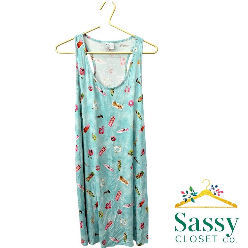 SOMA Blue Sleeveless Colorful Print Swim Coverup or Casual Dress M EUC